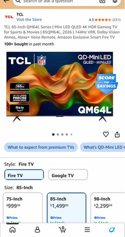 TCL 85 Inch Class QM64L Series | Mini LED QLED 4K HDR Smart Fire TV | 85QM64L, 2026 | 120Hz-144Hz High Brightness, Dolby Vision Atmos, Alexa+ Voice Re