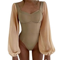 Sheer Sweetheart Lantern-Sleeve Beige Bodysuit 