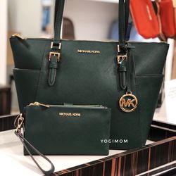MICHAEL KORS CHARLOTTE LARGE SAFFIANO LEATHER ZIP TOP TOTE, RACING GREEN