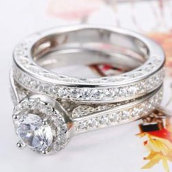 Solid 925 2pc Engagement Wedding Ring Set