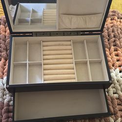 Dark wood jewelry box w mirror + drawer