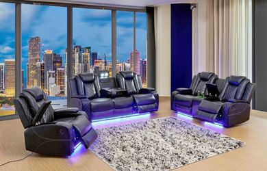 Power electric black leather fully reclining couch set