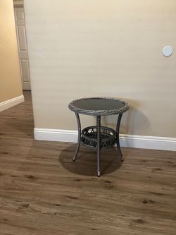 Round Wicker Side Table with Glass Top