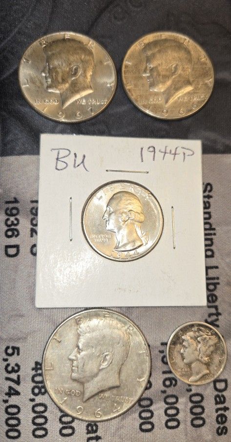 5 Silver Coins 90% Kennedy, half dollar, Quarter, Dime And 2 40% Half Dollars