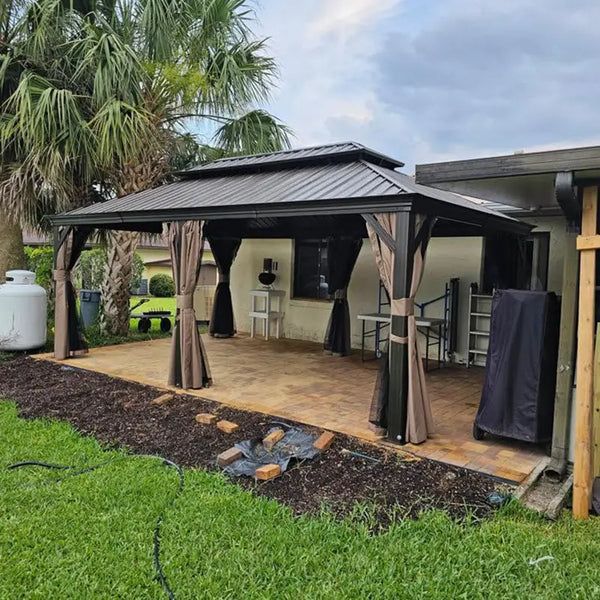 14x20FT Hardtop Gazebo Permanent Metal Gazebo with Galvanized Steel Double Roof and Aluminum Frame Curtain and Netting Large Pavilion Gazebo Wood