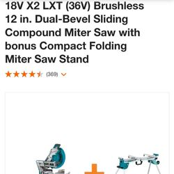 Makita 18V   X2  LXT(36V) Brushless 12 in. Dual Bevel Sliding Compound Miter Saw With Bonus Compact Folding Miter Saw Stand 