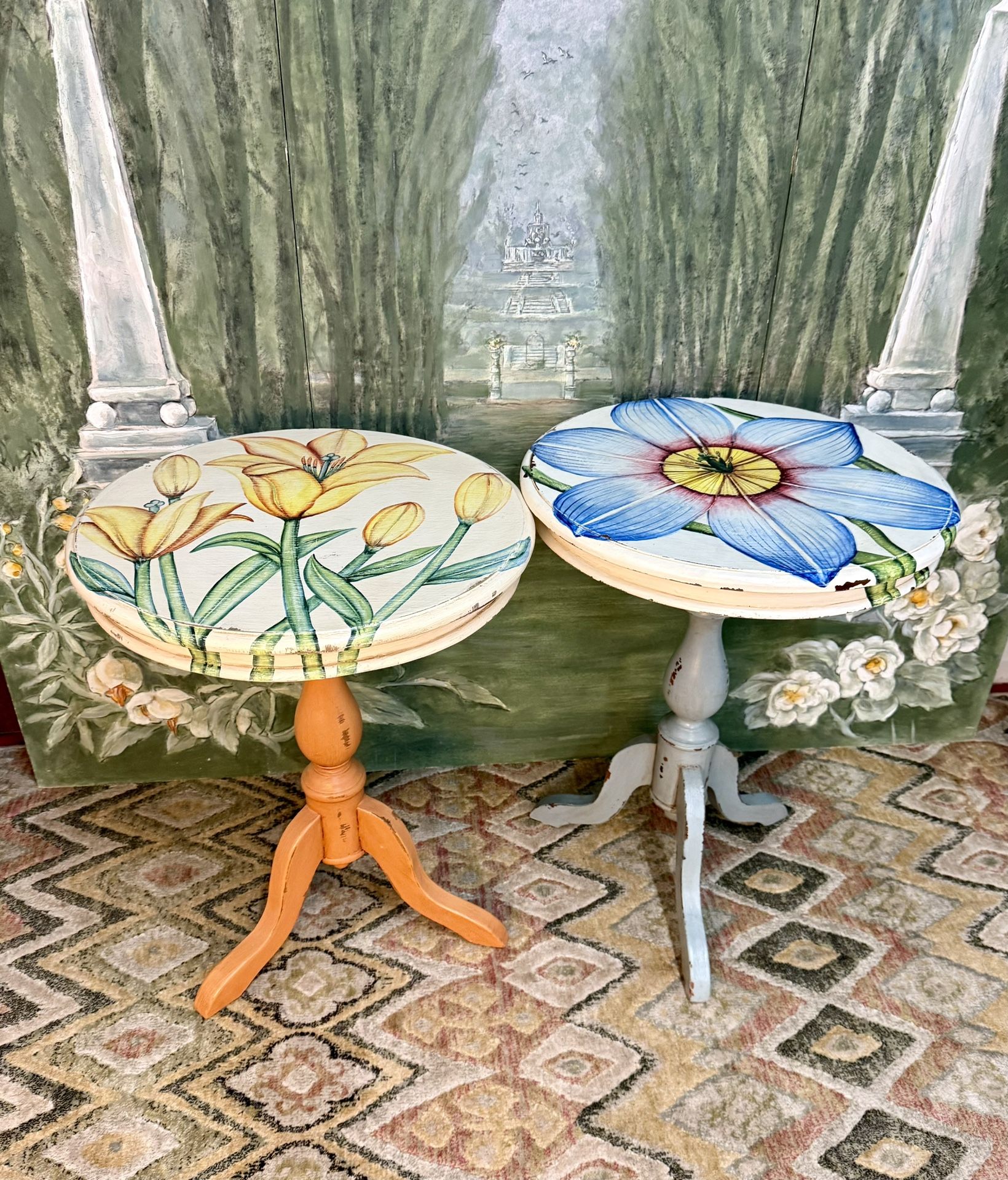 Pair Of Hand Painted Flower End Tables