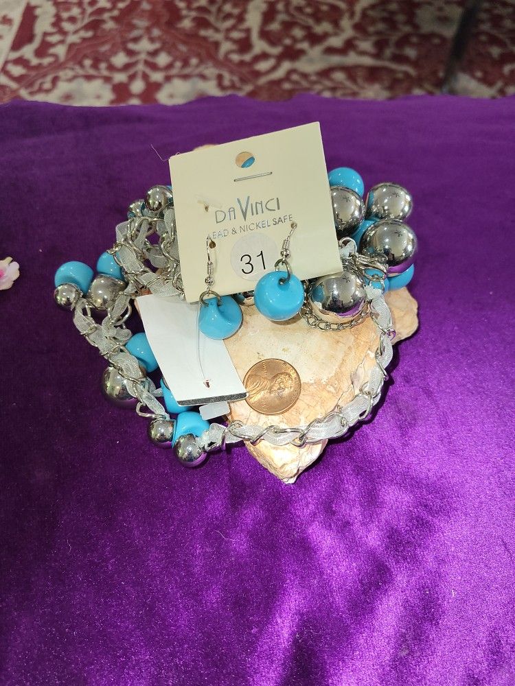 Turquoise (Faux) Silver Strand & Earrings