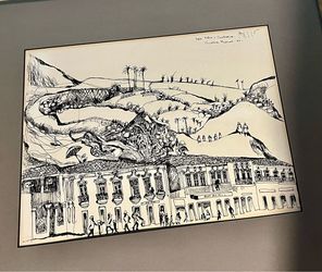 Original Ink Drawing Brazilian Townscape Signed 1990