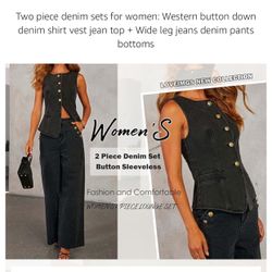 Black 2 Piece Denim Set Button Sleeveless Jean Vest Denim Top Y2k Shirt Wide Leg Jeans Palazzo Pants Outfits