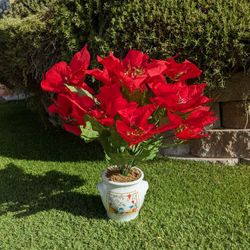 Holiday Christmas Artificial 17" Poinsettia Flowers Potted Table Centerpiece NIB