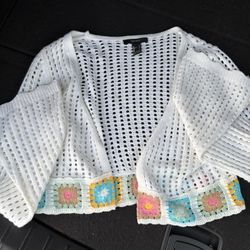 Forever 21 Knitted white cardigan W Colorful Floral Square Design 