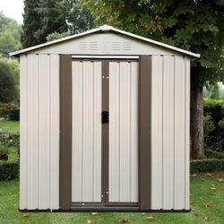 New in Box Outdoor Storage Sheds Garden Shed Utility Tool House with Lockable Door Cream White Metal