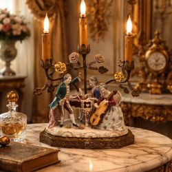 French Ormolu Girandole Candelabra 3-Branch Lamp Porcelain Dresden Figurines  French Boudoir Antique