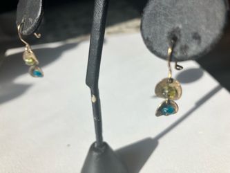 Gold Dangle Earrings with Blue and Green Stones