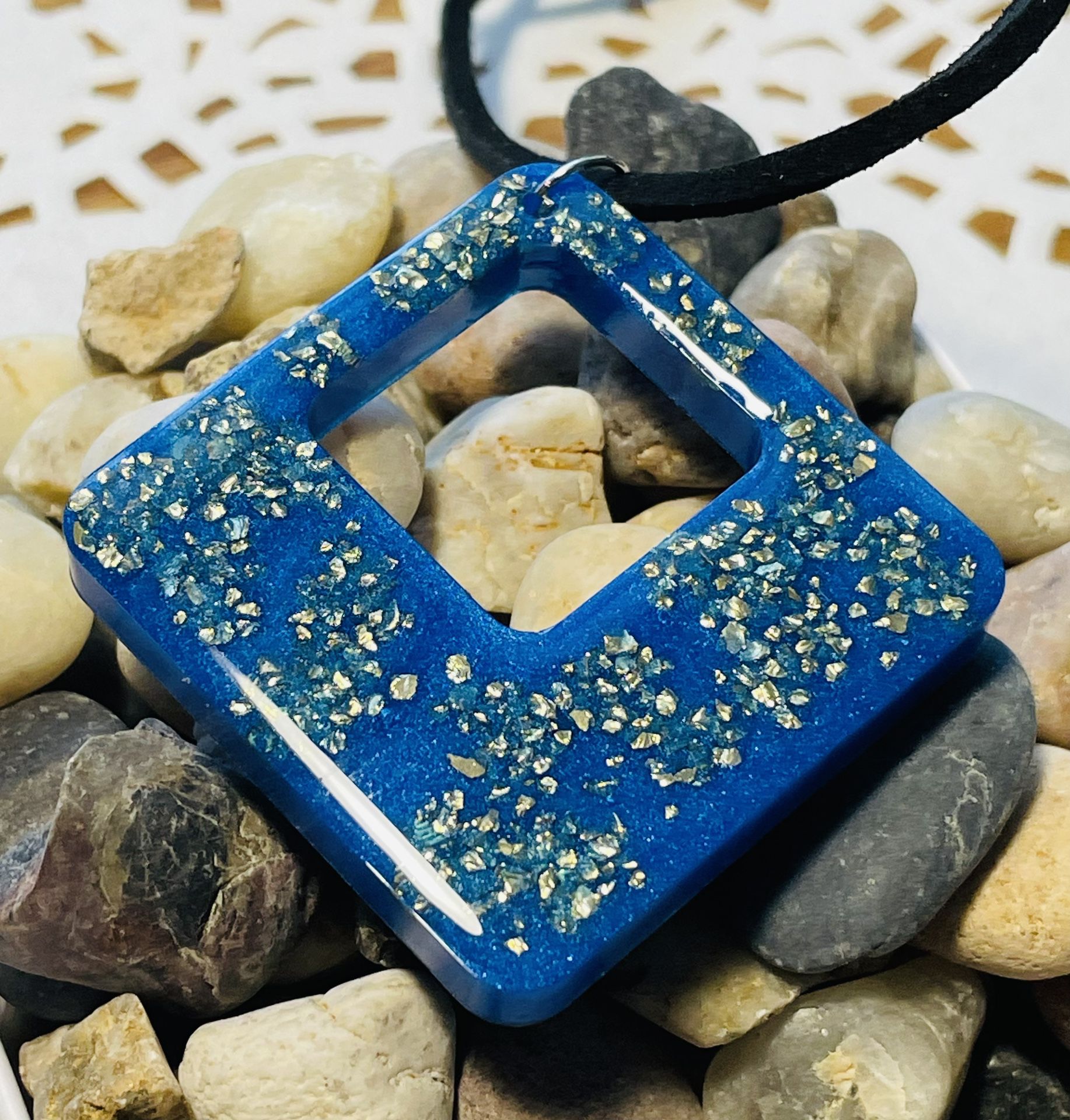 Handmade Blue And Gold Resin Pendant With Necklace