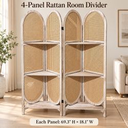 4-Panel Rattan Folding Room Divider with Shelves – 69.3” Tall