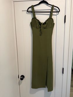 Forever 21 Size Small Olive Green Ruffle Midi with Ruched Bust and Thigh Slit Dress