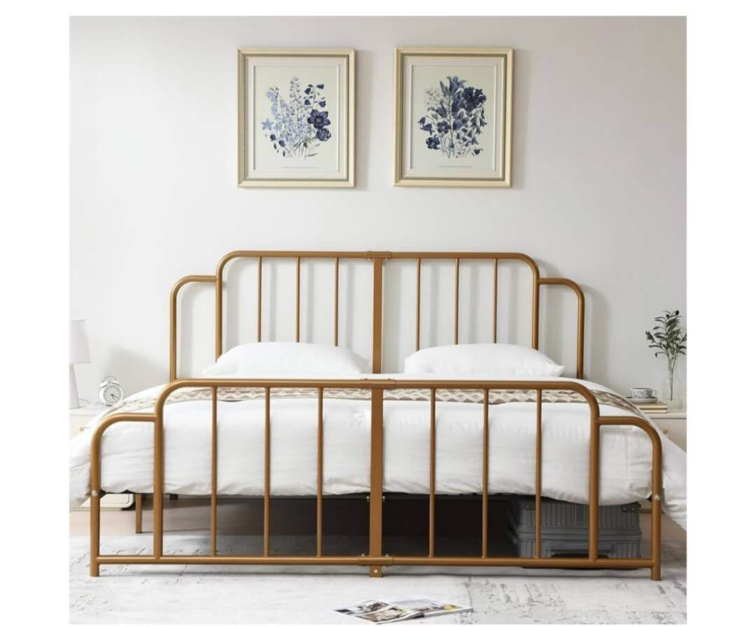 PINJU Metal Platform Bed Frame with Headboard and Footboard, Classic Style, Sturdy Metal Slats, No Box Spring Needed, Easy Installation (Gold, King)$1