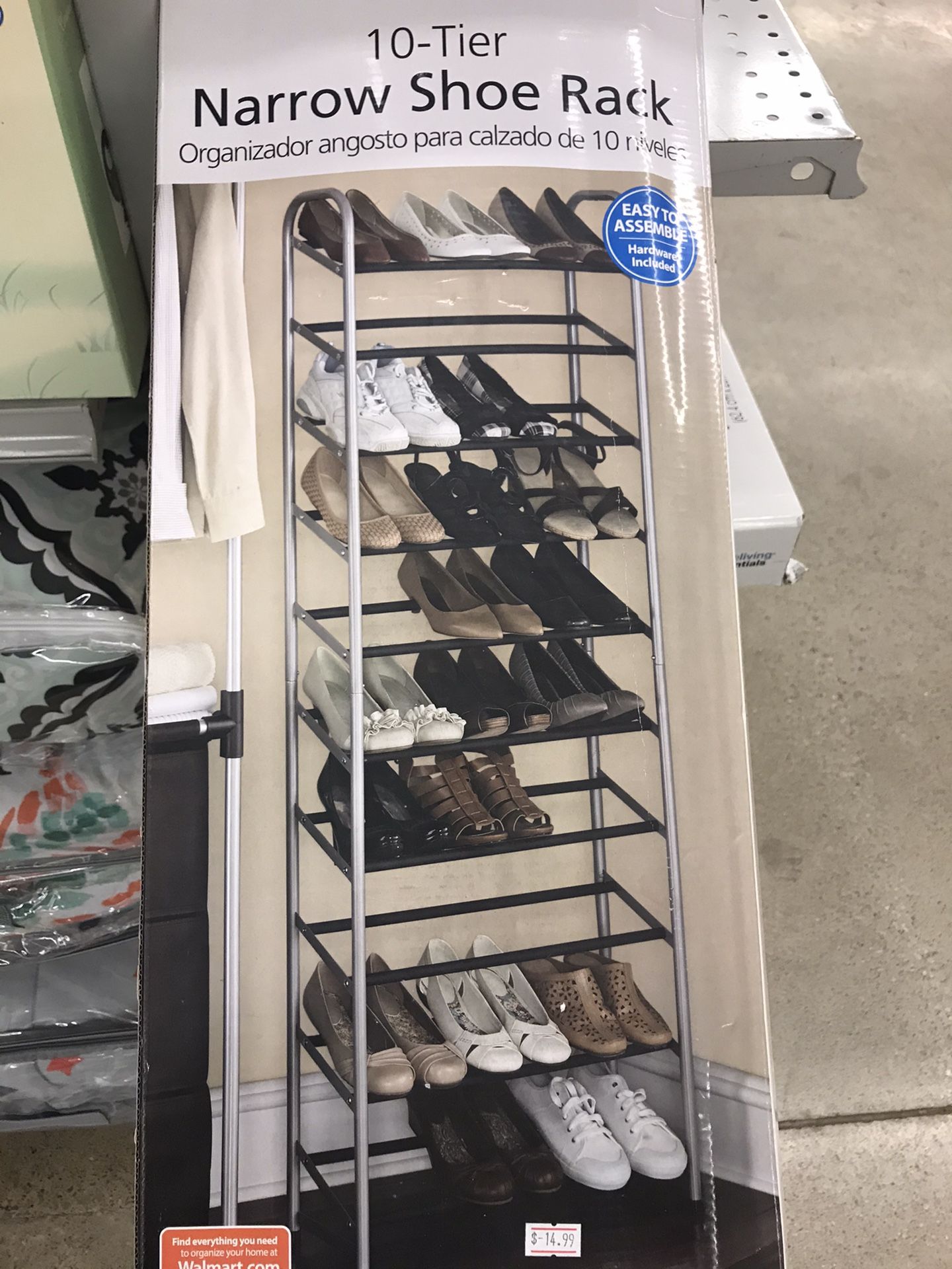 22 inch wide by 9 inch deep and 62 inch high holds up to 30 pairs of shoes durable silver metal frame regular price $39.99 on sale only for $14.99