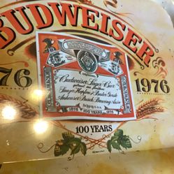 Budweiser metal serving tray made in Brazil depicting 100 years. Great display piece
