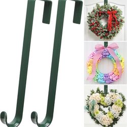 12 in Wreath-Hanger for Front Door,Green Over The Door Hooks,2 Pack Wreath-Door-Hanger Halloween Christmas Decorations,Welcome Sign for Front Door Dec