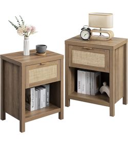 Nightstands Set of 2 - Farmhouse Night Stand with Drawer and Storage Shelf - Boho Bedside Table End Side Table for Bedroom, Oak