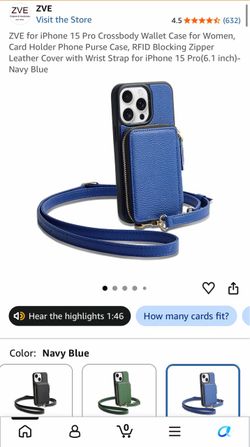 ZVE for iPhone 15 Pro Crossbody Wallet Case for Women, Card Holder Phone Purse Case, RFID Blocking Zipper Leather Cover with Wrist Strap for iPhone 15