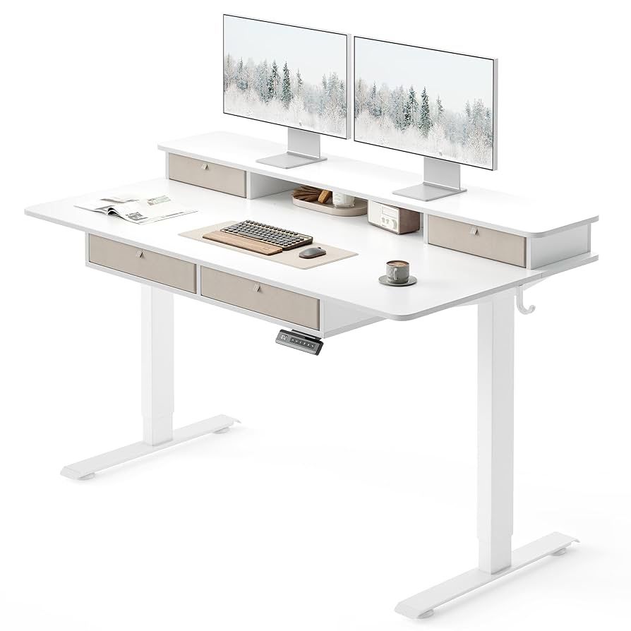 FEZIBO Sturdy Height Adjustable Electric Standing Desk with Drawers, 55 x 30 Inch Stand Up Table with Large Storage Shelf, Sit Stand Desk, White Top