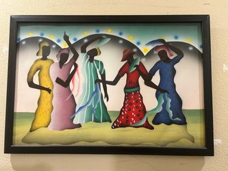 Vintage Signed African American Folk Art Painting – Dancing Women – 26" x 38" Framed