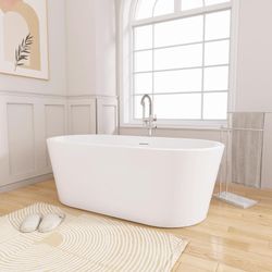 67 in. Soild Surface Stone Resin Freestanding Matte White Bathtub, Double Ended Oval Shape Soaking Tub