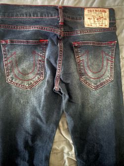 True Religion Relaxed Straight Dark Wash Jeans with Red Stitching