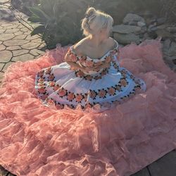 Quinceanera / Sweet Sixteen/ Homecoming/Prom dress, White/Pink Roses With Ruffles, Medium Sized