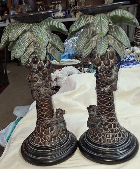 Set Of Two Bronze Coconut Palm Trees With Climbing Monkeys 13 Inch Tall Pillar Candle Holders L6V037