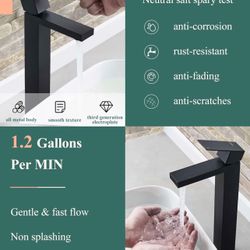 KUZOR Tall Vessel Sink Faucet Matte Black, Single Hole One Handle Tall Bathroom Faucets with Metal Pop Up Drain, 304 Stainless Steel Square Modern Fau