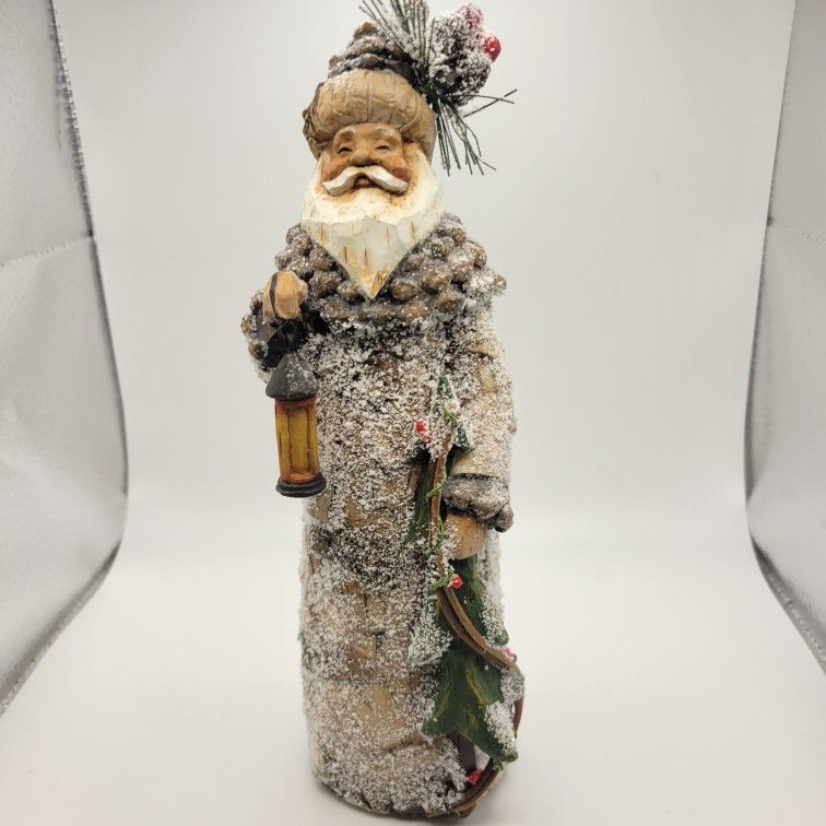 Birch Tree Pine Cone Winter Snow Santa Claus Figurine 9" Tall