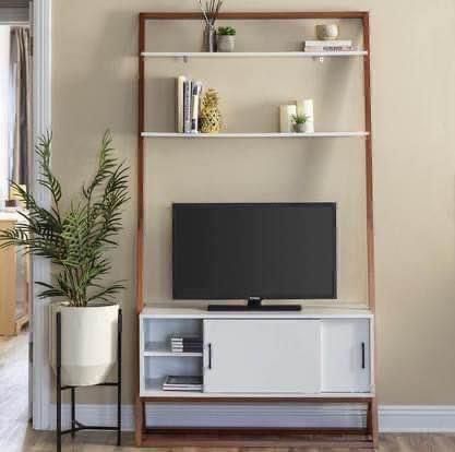 NEW 42” Unique Modern Wood Ladder Shelf TV Stand Media Console w/ Storage Cabinet & Shelves - 40” TV