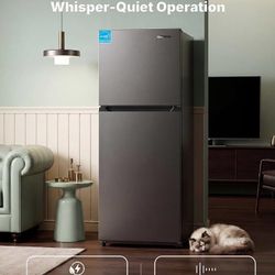 10.1 Cu.Ft Refrigerator with Top Freezer, Reversible 2 Door Medium Fridge, Shelves, Drawer, Wheels, Low Noise, Temp Control, Auto Defrost, Compact Siz