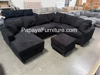 New Sectional Sofa With USB Ports and Ottoman Set, Black Couch, Black Sofa, Black Fabric Sectional Couch, Sofas, Ashley Style SALE Reversible Chaise
