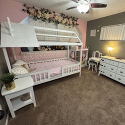 Kids Wood Twin Montessori Bedroom Set White, Twin House Bed, White Dresser White Nightstand 