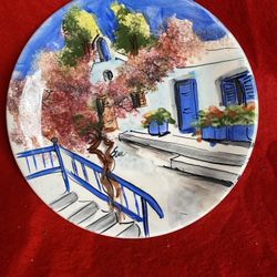 7.5 Inch Handmade Hand Painted Blue Ceramic Wall Hanging Plate Imported From Greece