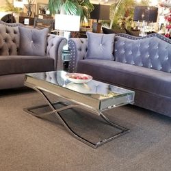 Brand New Gray Velvet Modern Studded Sofa + Loveseat 2PCs Set