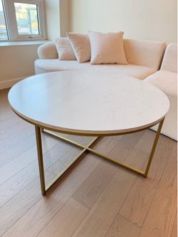 Modern Round Coffee Table with Gold Cross Legs