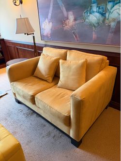 Yellow suede couch and ottoman