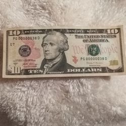 2017 $10 Bill Ultra-Low Serial Number 00000038 - Two-Digit Fancy Note NM/UNC