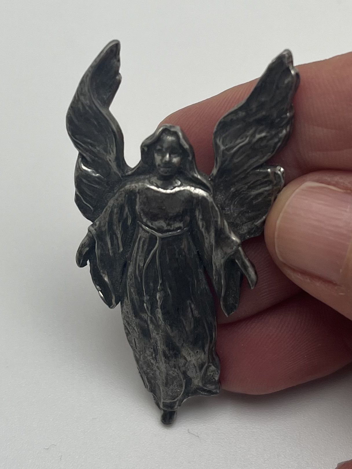 Vintage? Pewter Tone Angel Brooch Pin Unique RARE?  Gothic