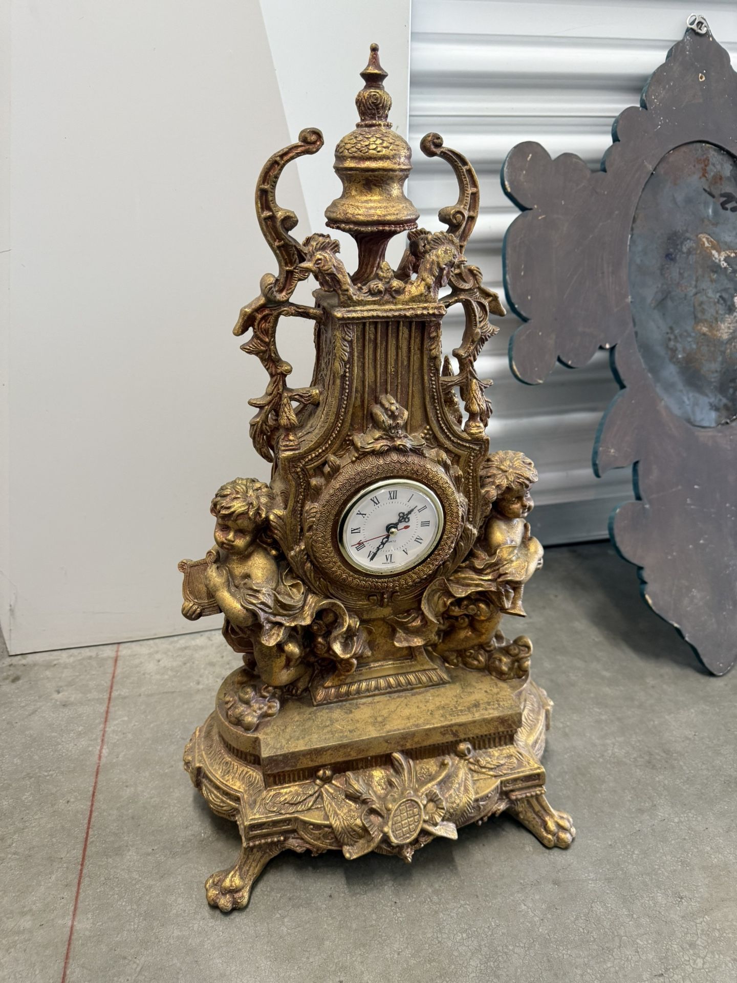 Vintage Imperial / French Louis XV Style Brass Marble Figural Cherub Clock