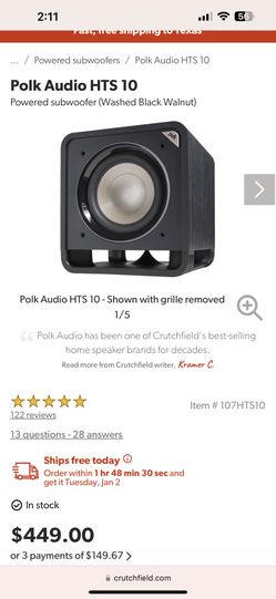 $200Polk Audio HTS 10 Powered subwoofer (Washed Black Walnut)