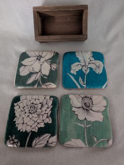 Floral Ceramic Drink Coasters w/ Wood Box Holder 
