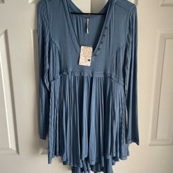 NWT Free People Birdie Henley Top in Denim Blue Tunic Sz XS